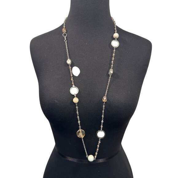 Beaded Multi-Stone Long Chain Necklace Silver Tone Beige Amber Accents 36 Inches - Picture 1 of 3